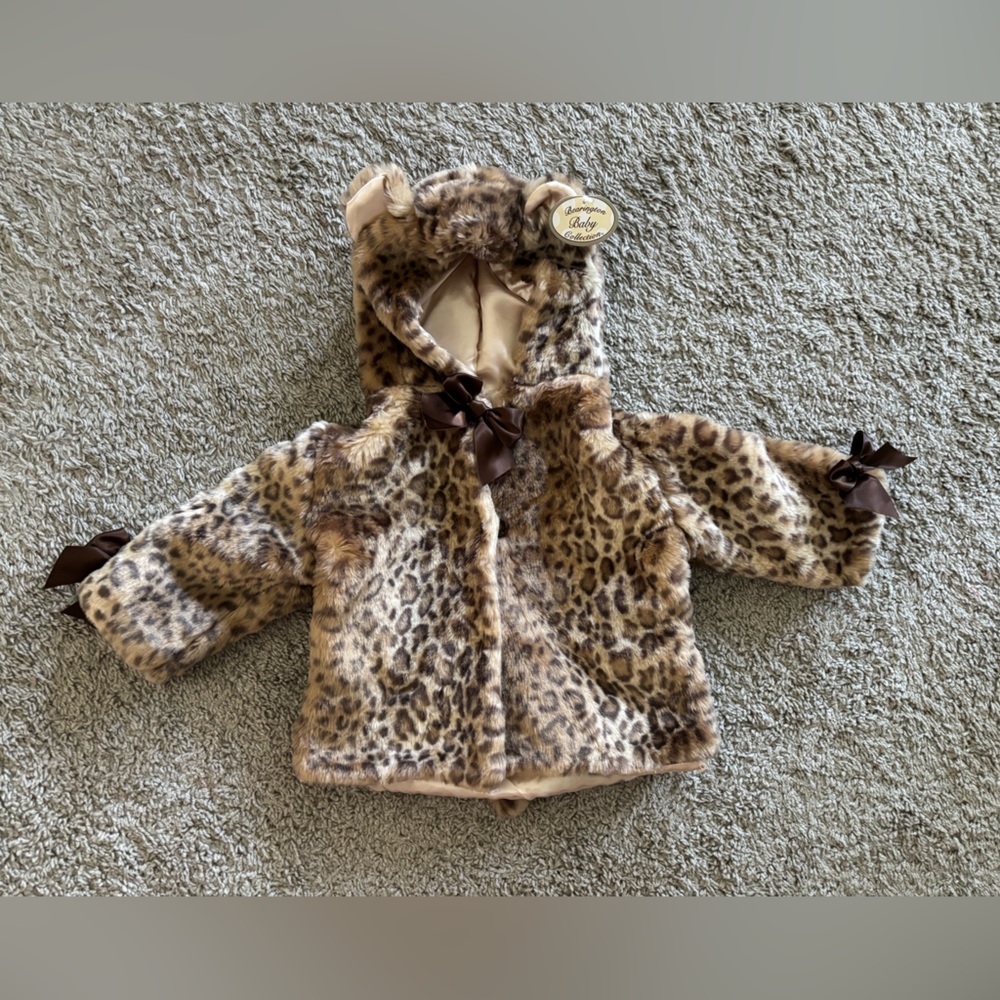 Leopard Print Faux Fur Coat with Bow Accents